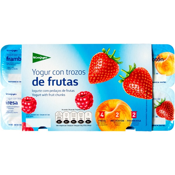 EL CORTE INGLES yogur con trozos de frutas 2 fresa + 2 frutos del bosque + 2 pera + 2 melocotón pack 8 unidades 125 g