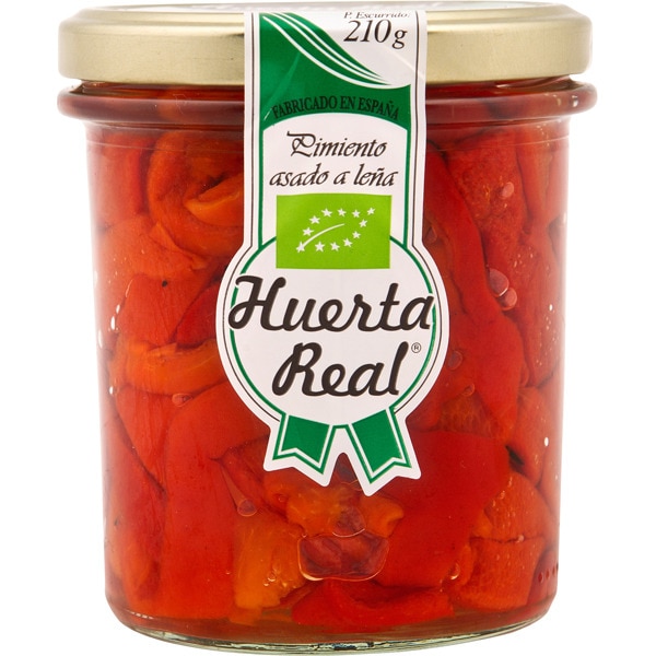 HUERTA REAL tiras de pimiento rojo ecológico asado a la leña frasco 210 g neto escurrido