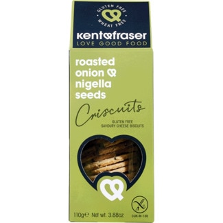 Kent & Fraser Bolachas com Cebola Torrada e Sementes de Nigella sem Glúten embalagem 110 g