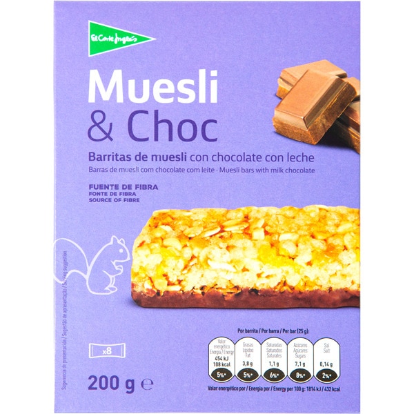 barritas de muesli con chocolate paquete 200 g · EL CORTE INGLES