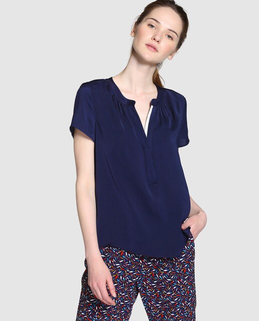 Bleu À Manches · Marine Chemisier Mode Courtes Femme Petite 6bygf7