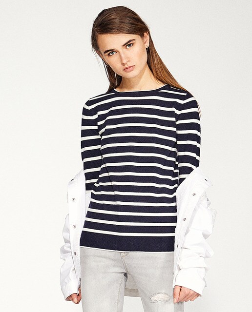 striped sweater with elbow patches