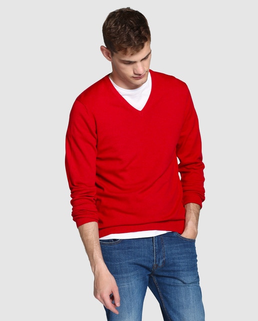 red v neck jumper