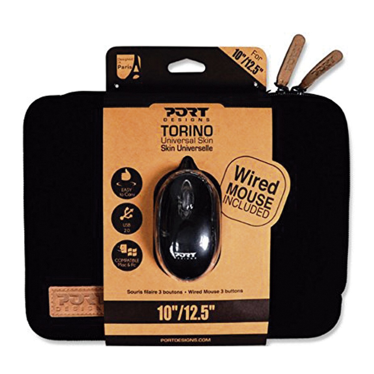 Pack Port Modelo Torino: Funda  25,4 - 31,75 cm (10 - 12,5'')  negro + Ratón Óptico negro-12,5'' negro + Ratón Óptico negro