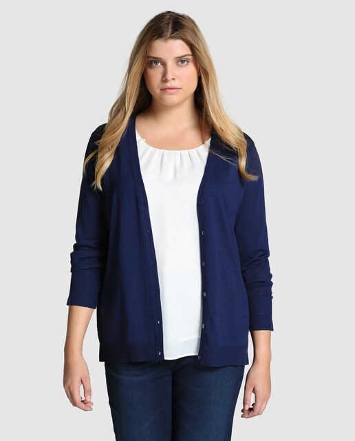 grande talla con en de de escote Chaqueta mujer punto Couchel azul Haq7fH