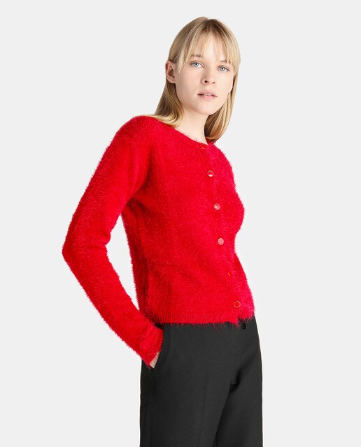 short red cardigan
