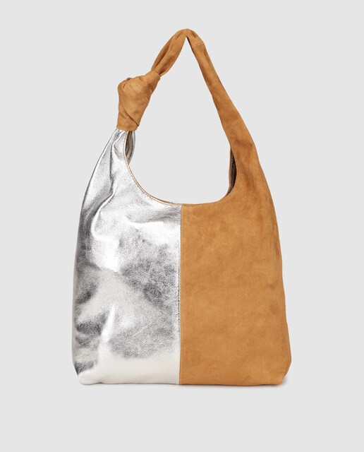 Loeffler Randall - Hobo Knot De Piel Metalizada Y Ante Bicolor En Plata Y Camel
