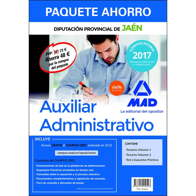 Paquete Ahorro Auxiliar Administrativo Diputación Provincial de Jaén (Tapa blanda)