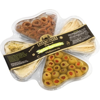 BELMONTE GOURMET tapita mediterránea: boquerones y sardinas en vinagre, anchoas en salazón y aceitunas tarrina 210 g neto escurrido rellenas de pimiento rojo