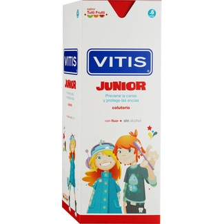 VITIS Junior Mundwasser mit Fluor für die Mund- und Zahnhygiene für Kinder ab 6 Jahre Flacon 500 ml sabor tutti frutti