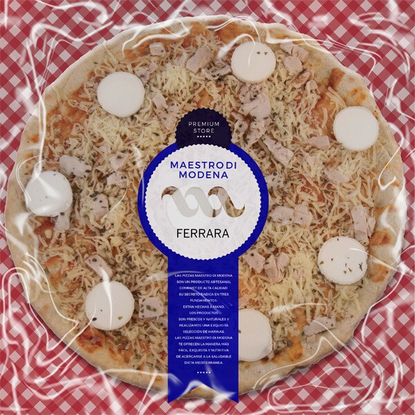 Ferrara Premium family pizza with chicken and goat's cheese container