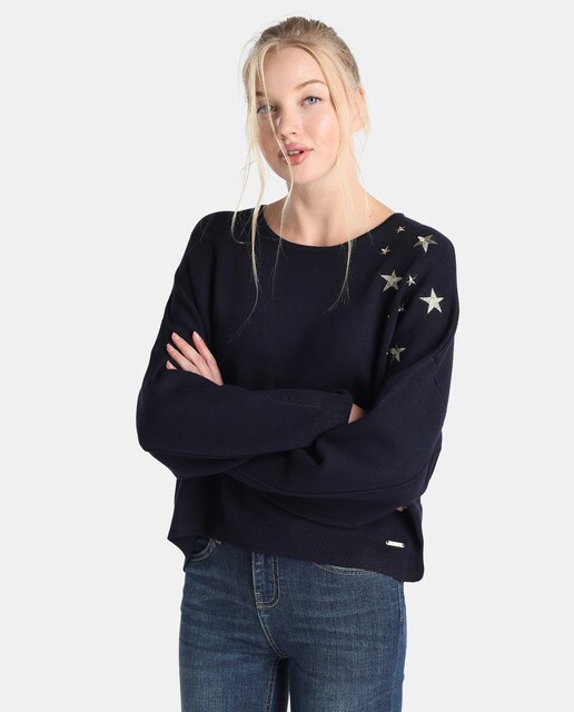 With · Boat Embroidery Guess Women's Fashion Sweater Neck 8PHWa6qO