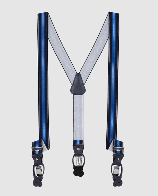 Suspensórios azuis com estampados às riscas