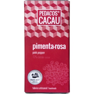 Pedaços de Cacau Chocolate Preto com Pimenta Rosa embalagem 100 g