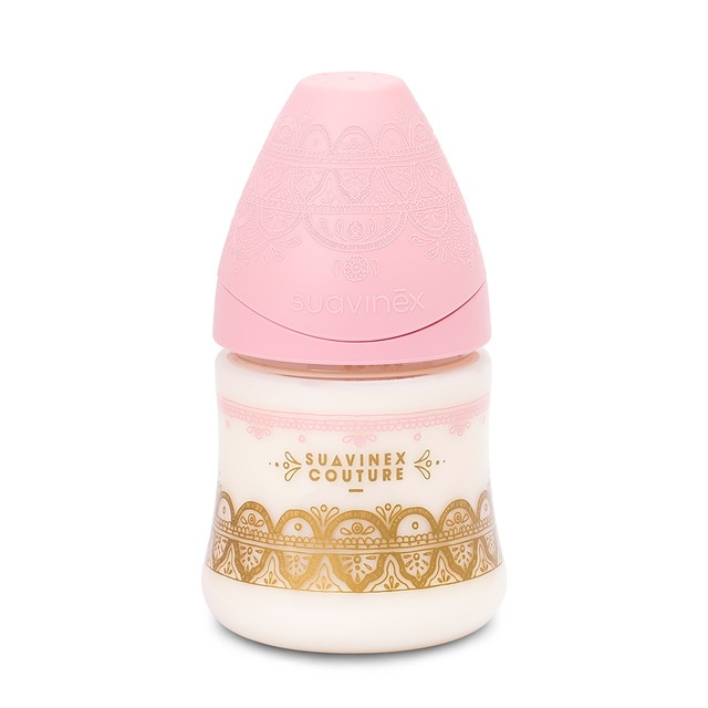Biberón Anticólico Premium 3 Posiciones Tetina Silicona Suavinex Couture (150 ml.) +0 M. rosa