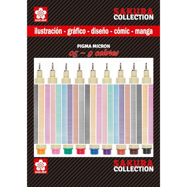 Set de Nueve Rotuladores Pigma Micrón de Colores Tamaño 05 Sakura Multicolor.