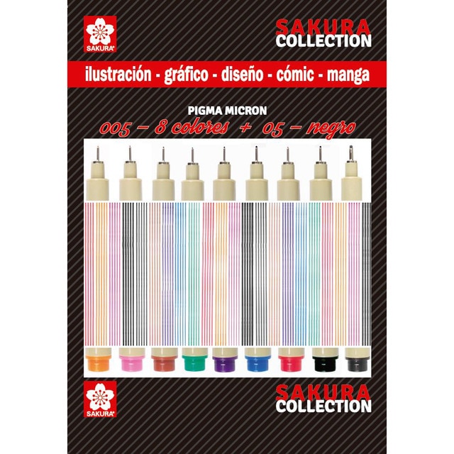 Set de Nueve Rotuladores Pigma Micrón de Colores Tamaño 005 y Negro Tamaño 05 Sakura Multicolor.