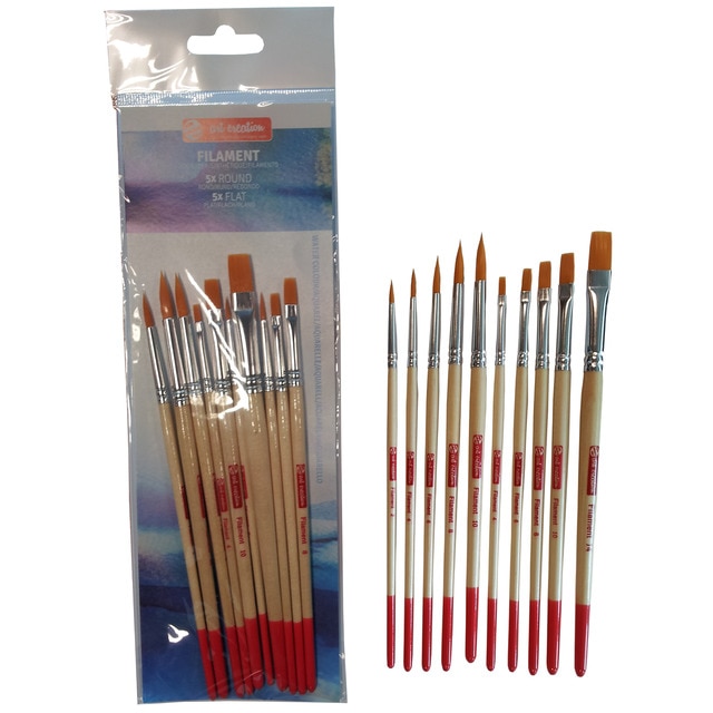 Set de Diez Pinceles Artcreation Mango Corto Para Acuarela y Tempera de Diferentes Tipos y Tamaños de Toray Artcreation Beige.