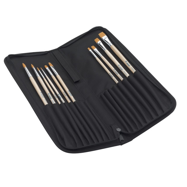 Set de Diez Pinceles Artcreation Mango Largo Para Oleo y Acrílico En Organizador de Lona Artcreation Negro