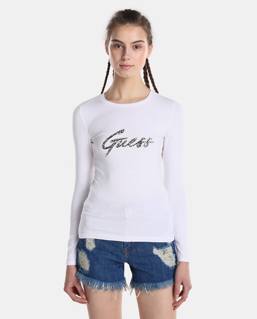 Larga Manga El Camiseta Guess Mujer De Con · Y Moda Logo nxx0vc
