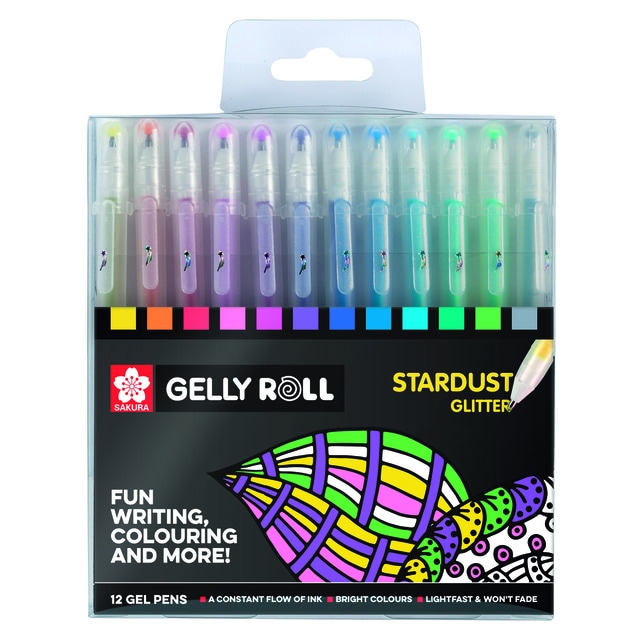 Set de Doce Rotuladores de Gel Trazado Fino de Efecto Brillante Gelly Roll Sakura Multicolor.