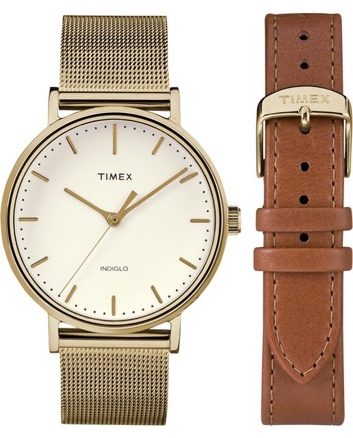 Relógio Tix Fairfield Gold Timex 2 Braceletes Aço e Pele - Dourado/Castanho