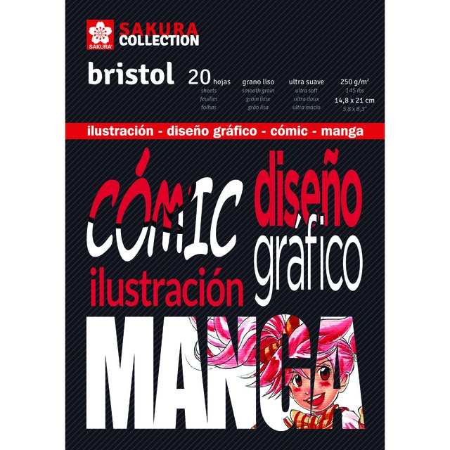 Bloc Encolado  Bristol Para Comic Y Manga 250 grms M2  20 Hojas 14,8 X 21 cms Sakura Negro