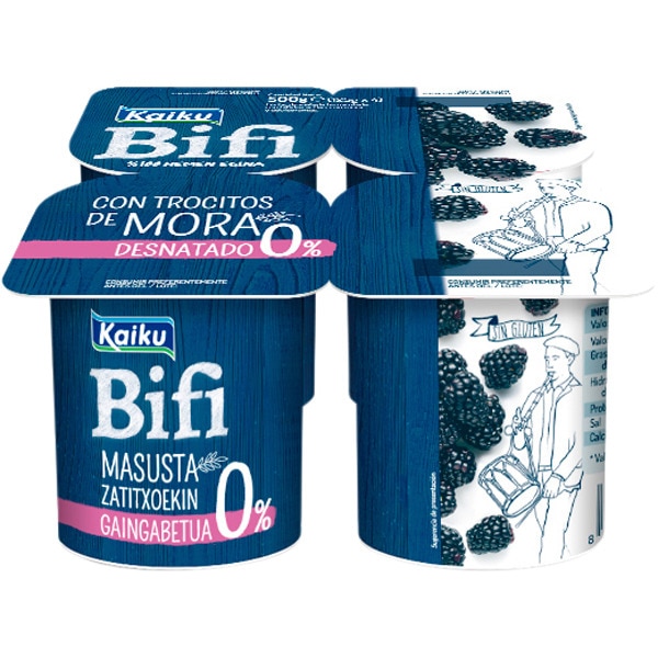 KAIKU Bifi bífidus con trocitos de mora desnatado 0% m.g  sin gluten pack 4 unidades 125 g