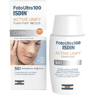 ISDIN Sonnenschutz für das Gesicht SPF50+ Active Unify Fusion Fluid ohne Farbe Flacon 50 ml hilft, Sonnenflecken zu reduzieren und zu verhindern
