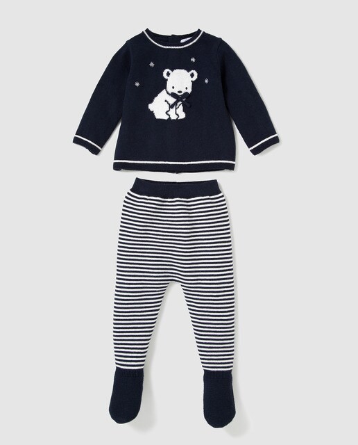 Conjunto de tricot de bebé Dulces azul-noite com urso