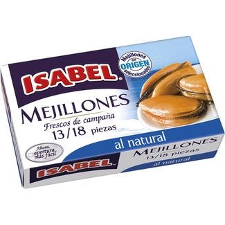 ISABEL mejillones al natural en origen seleccionados 13-18 piezas lata 69 g neto escurrido