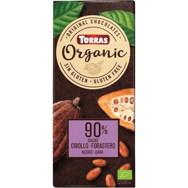 TORRAS Organic chocolate criollo negro 90% cacao ecológico y sin gluten tableta 100 g 