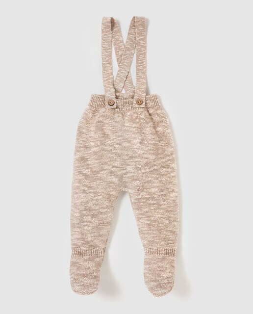 Calças com pés de tricot de Recém-Nascido Brotes bege com alças