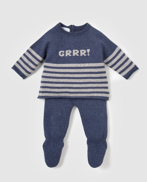 Conjunto de tricot de Recém-Nascido Brotes azul às riscas