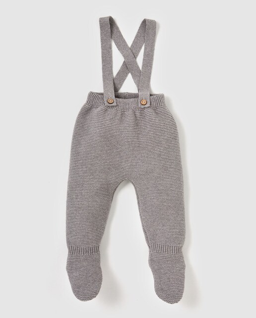 Calças com pés de tricot de Recém-Nascido Brotes cinzentas com alças
