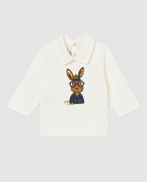 T-shirt de bebé Petit Bateau branca com coelhinho