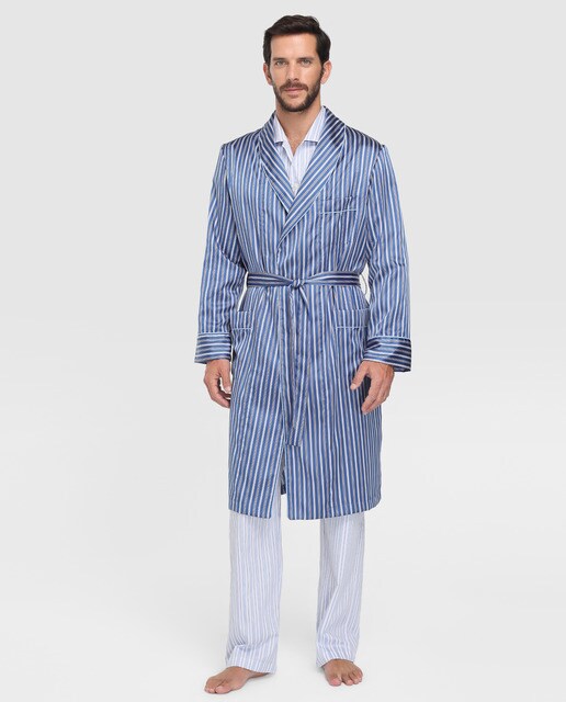 blue and white striped dressing gown