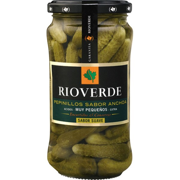 RIOVERDE pepinillos pequeños sabor a anchoa suave frasco 425 g neto escurrido