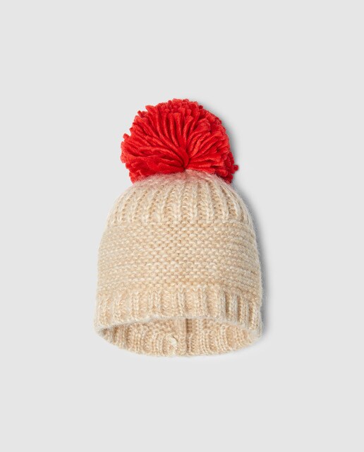 Gorro de rapariga Brotes bege com pompom