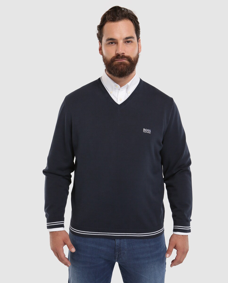 Jersey de hombre Hugo Boss azul con el cuello de pico tallas grandes ...