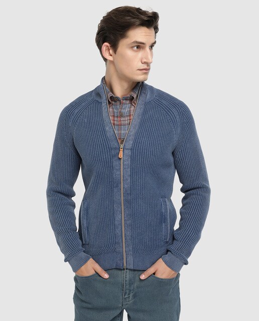 blue zip up cardigan