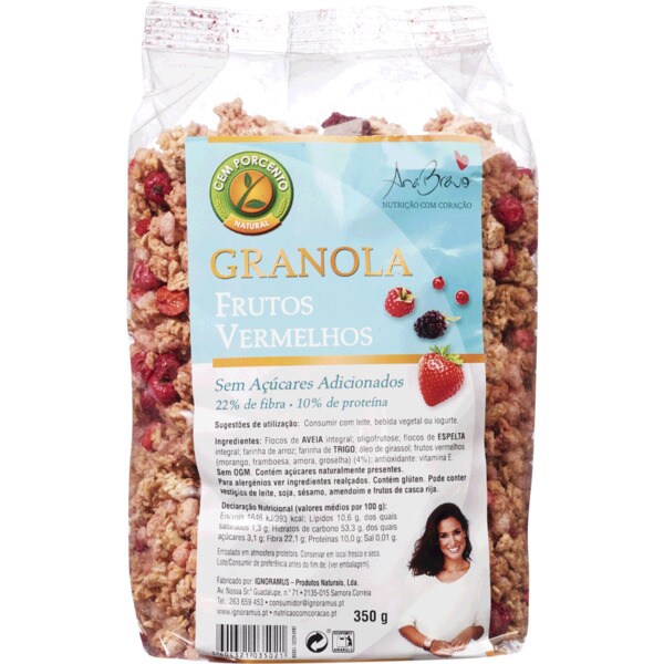 Granola Frutos Vermelhos sem Açúcar embalagem 350 g · Cem Porcento Ana