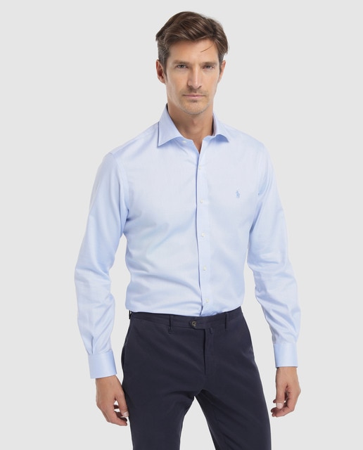 Camisa de homem Polo Ralph Lauren regular lisa azul