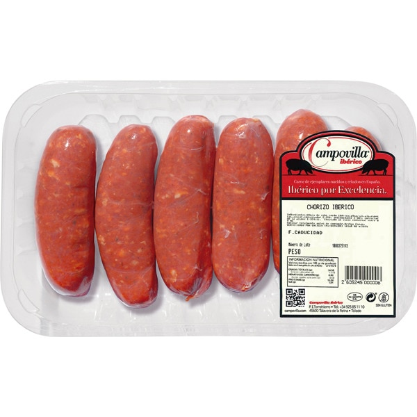 chorizo fresco de cerdo ibérico sin gluten y sin lactosa bandeja 450 g