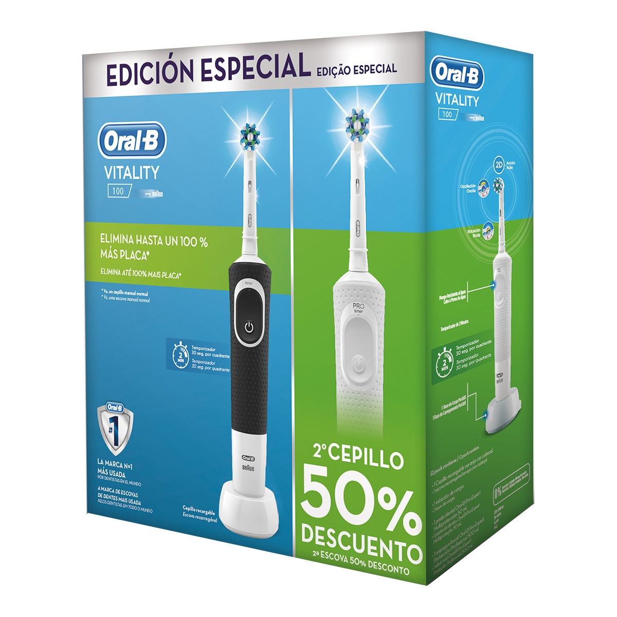 Cepillo de dientes eléctrico Oral-B Vitality 100 CrossAction con 2 mangos y 2 cabezales Negro y Blanco