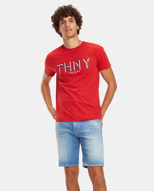denim shirt red shorts