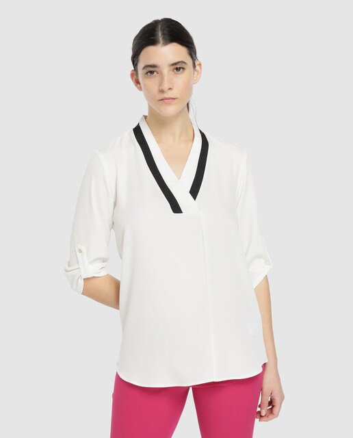 Mujer Pico Blanca De Klein En Calvin Escote Blusa Con CodtsQBhrx