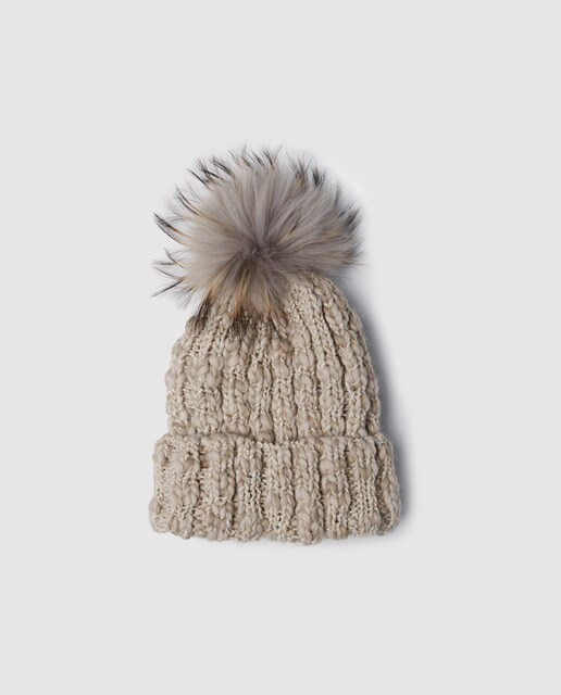 bonnet beige pompon femme