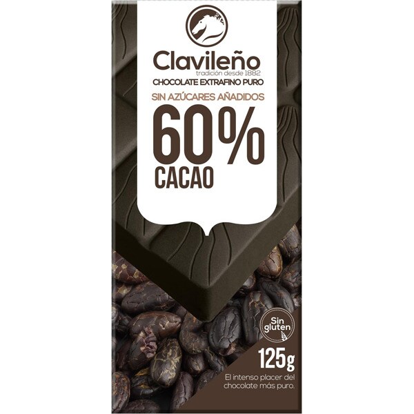 CLAVILEÑO chocolate negro 60% de cacao sin gluten y 0% azúcares añadidos tableta 125 g