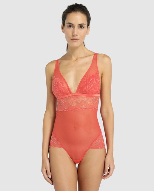 Body de tule com renda coral